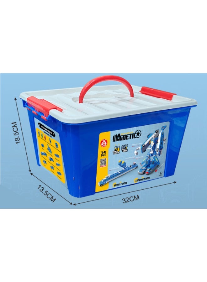 Magni Mates 34-Piece Magnetic DIY Robot Transformer – "City Guard" Warrior Building Set with Storage Box – 9-in-1 STEM Toy Featuring Police Car, Helicopter, Tank & Boat for Kids 3+ - Image 4